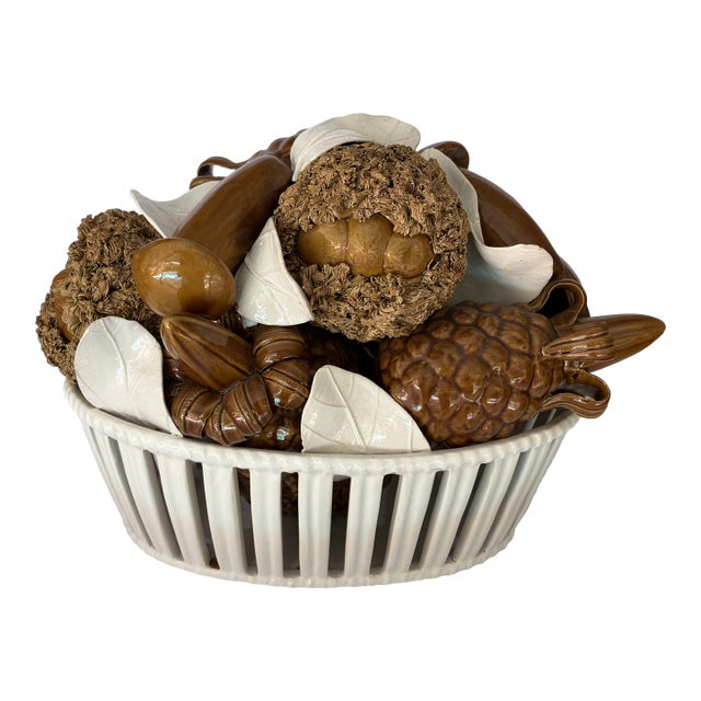 Vintage Italian Ceramic Basket of Mushrooms From Neiman Marcus For Sale