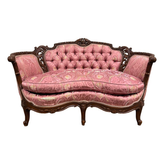 Antique Victorian Rococo Revival French Louis XV Carved Walnut Loveseat Settee For Sale