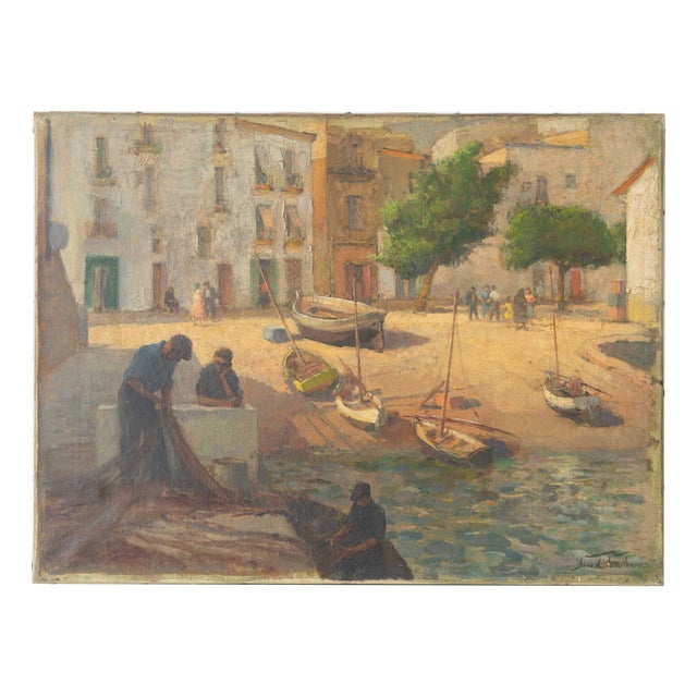 Spanish School, Mediterranean Fishing Village Harbor Coastal Landscape with Boats and Fishermen, 1910s, Oil on Canvas For Sale