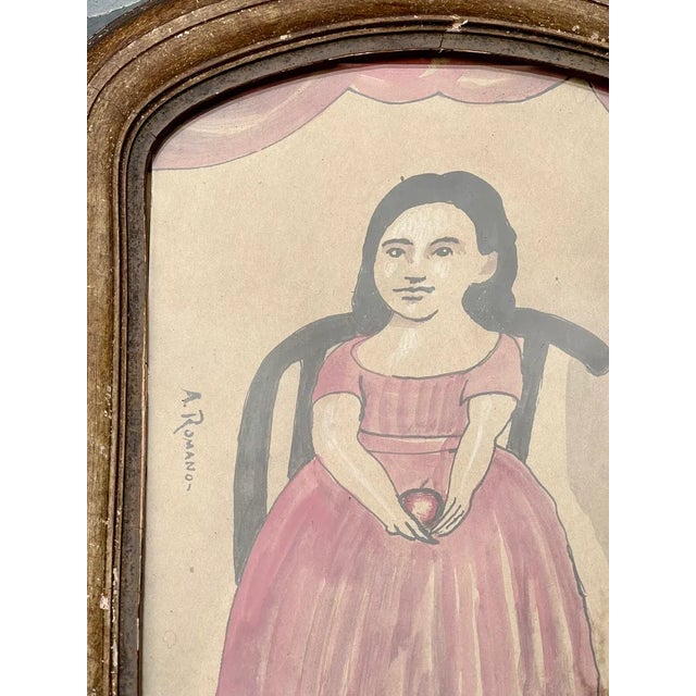 Early 21st Century Original Folk Art Watercolor Painting by Antonio Romano Girl With Apple For Sale - Image 5 of 7