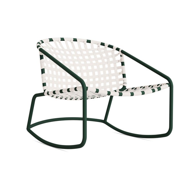 Brown Jordan Kantan Aluminum Motion Lounge Chair in Forest Green with White Suncloth Strapping For Sale