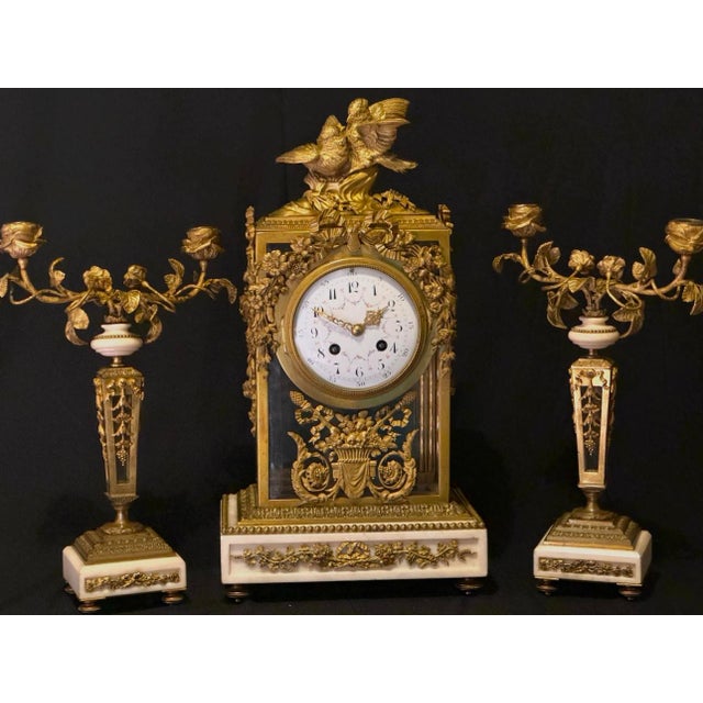 19th C French Louis XVI Bronze Crystal Clock Set 3Pc For Sale - Image 17 of 17
