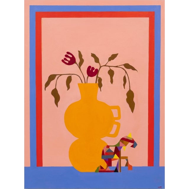 This artwork, inspired by the Neo-Mexicanism movement, blends bold color fields with symbolic imagery rooted in Mexican...