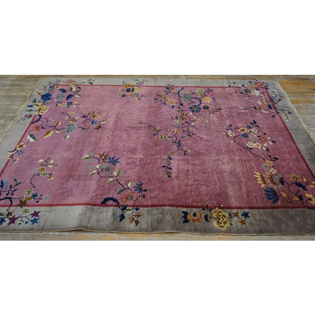 1920s Purple Floral Antique Chinese Art Deco Carpet 6' X 8'10" Handknotted Wool Rug For Sale In New York - Image 6 of 15