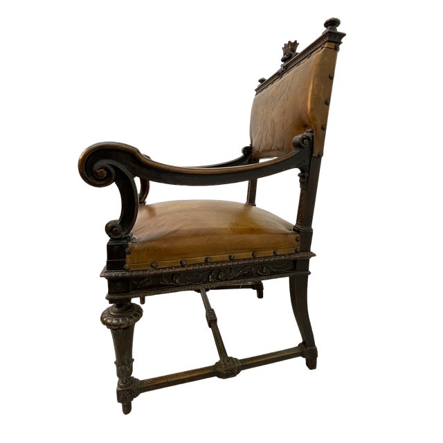 Brown Set of 8 Italian Walnut Dining Chairs With Embossed Leather, Late 19th Century For Sale - Image 8 of 18