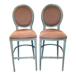 Sarreid Louis XVI Round Back Bar Stools - A Pair For Sale