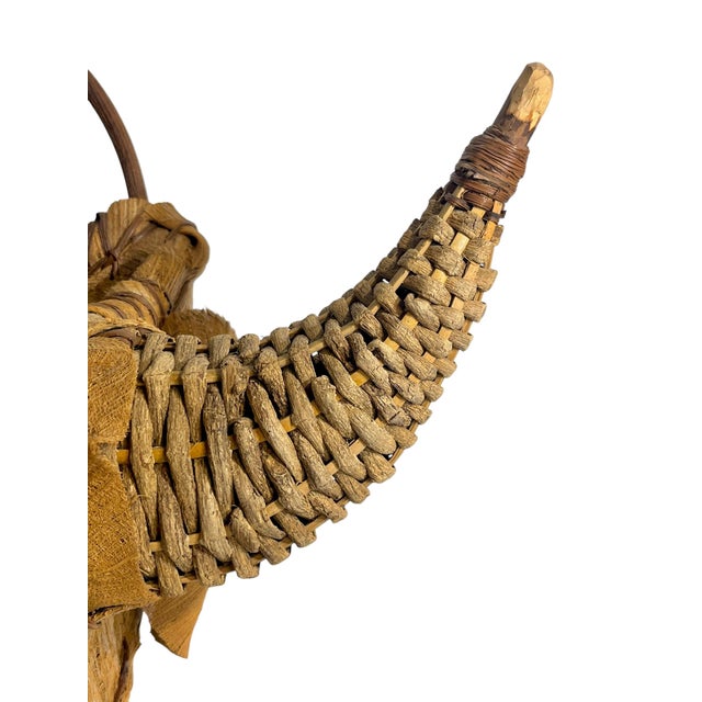 Wood Vintage Woven Bull Head Wall Sculpture | Folk Art Rattan Mount, 1970s For Sale - Image 7 of 14