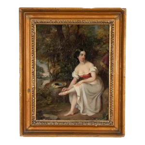 Early 19th Century European Oil on Board Portrait of a Woman With Tired Feet