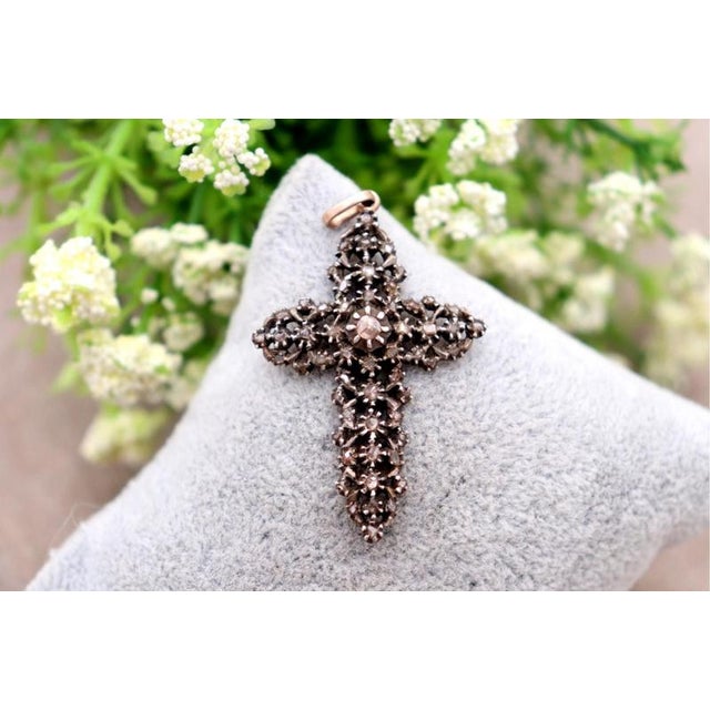 Metal Gold Cross Pendant with Paw Print and Diamonds For Sale - Image 7 of 7