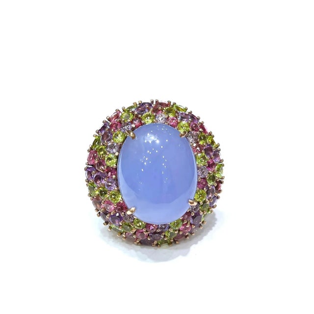 Baby Blue Bochic “Orient” Chalcedony & Multi Gem Cocktail Ring In 18K Gold & Silver, Size 7 For Sale - Image 8 of 11