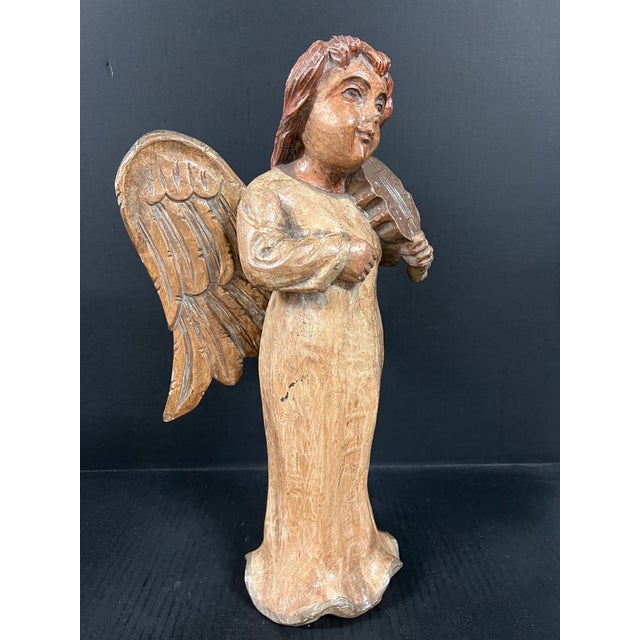 Vintage Hand Carved Wooden Standing Angel Paying Violin Instrument Sculpture For Sale In New York - Image 6 of 10