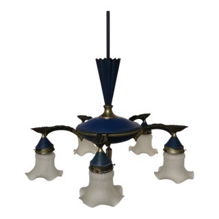 1910s Blue Chandelier With 5 Frosted Glass Shades - Dagobert Peche For Sale