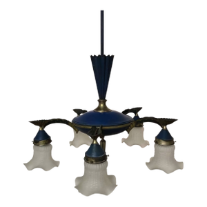 1910s Blue Chandelier With 5 Frosted Glass Shades - Dagobert Peche