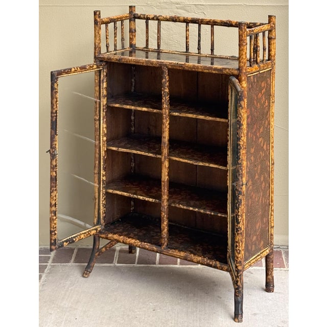 Wood English Bamboo Bookcase Cabinet With Gallery Top and Two Glazed Doors For Sale - Image 7 of 18