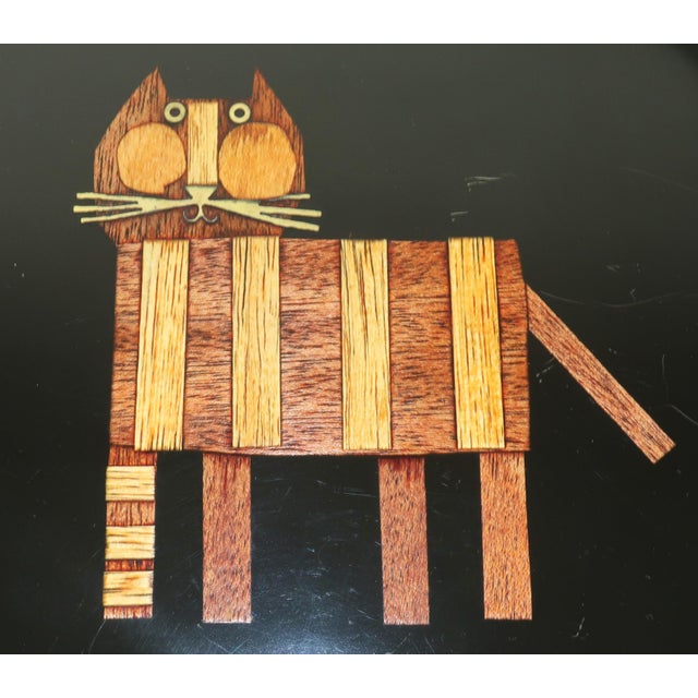 Mid-Century Modern Couroc of California Inlaid Wood & Brass Cat Tray For Sale - Image 3 of 10