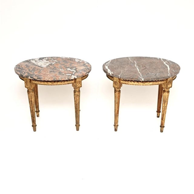 Antique French Marble Top Gilt Wood Side Tables, 1900, Set of 2 For Sale - Image 3 of 8