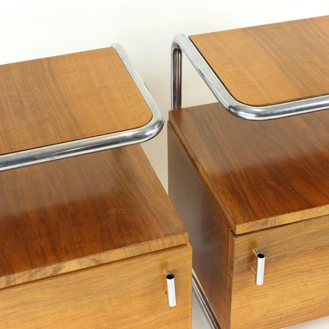 Bedside Tables in Chrome & Walnut by Vichr & Spol for Kovona, Former Czechoslovakia, 1950s, Set of 2 For Sale - Image 13 of 17