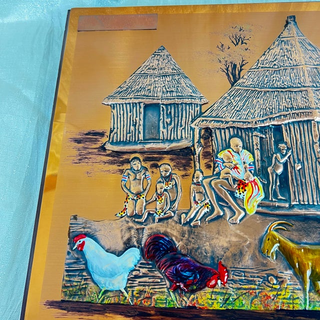 Vintage African Copper Repoussé Village Scene Wall Art – Zambia 1999 For Sale - Image 4 of 12