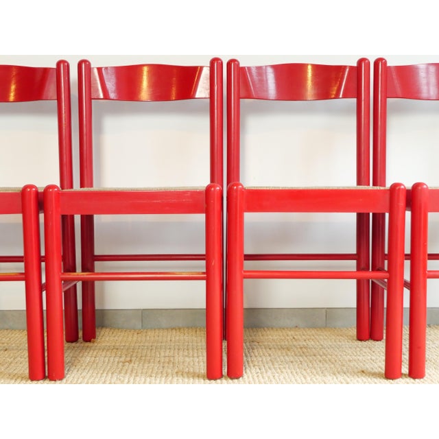 1980s Red Lacquered Wooden Chairs with Braided Rope Seats, 1980s, Set of 4 For Sale - Image 5 of 12