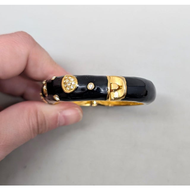 American Vintage Signed Napier Goldtone Black Enamel & Clear Rhinestone Cuff Bracelet For Sale - Image 3 of 11