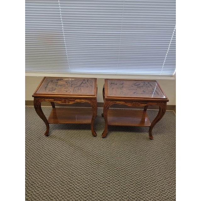 Two Chinoiserie Carved Wood Side Tables with Glass - Set of 2 For Sale - Image 9 of 9