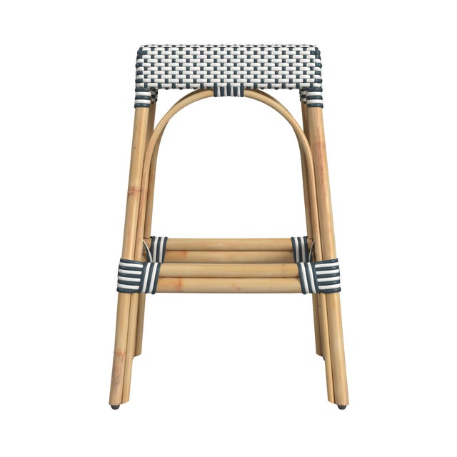 Spritely Home Accent Furniture Robias 30 in. Seat Height Rectangular Rattan Backless Bar Stool, White/Navy Stripe/ Natural Rattan Frame For Sale - Image 4 of 7