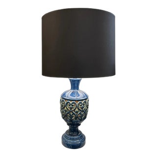 Blue Ceramic Openwork Tabletop Lamp With Top and Bottom Light Sources For Sale
