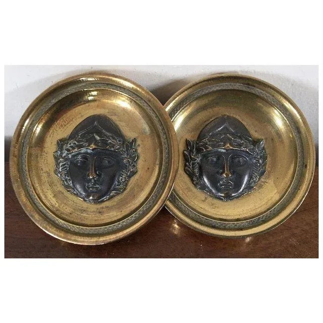 Metal Antique 19th Century French Empire Gilt & Patinated Bronze Drapery Curtain Tie Backs Roundel Rosettes With Classical Head Mask 1810 - a Pair For Sale - Image 7 of 11