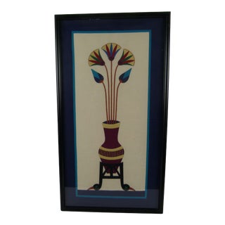 Vintage Hand Made Egyptian Revival Cotton Lotus Appliqué on Linen, Framed For Sale