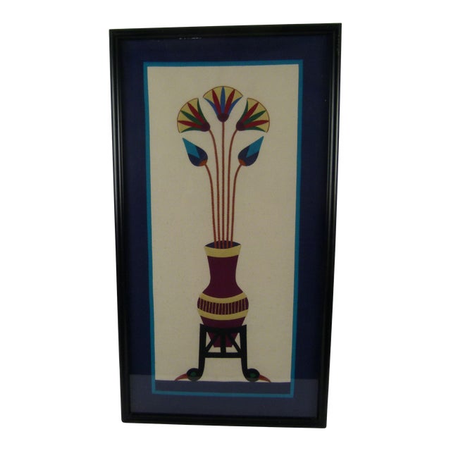 Vintage Hand Made Egyptian Revival Cotton Lotus Appliqué on Linen, Framed For Sale
