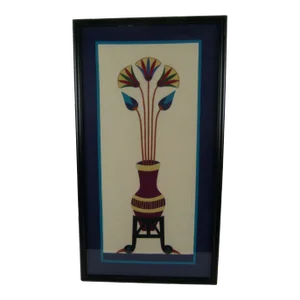 Vintage Hand Made Egyptian Revival Cotton Lotus Appliqué on Linen, Framed