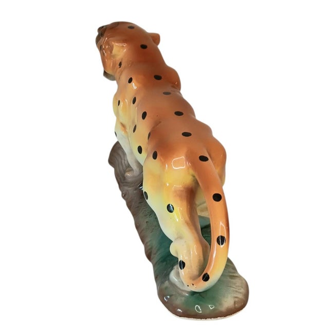 Mid-Century Modern Vintage Ceramic Leopard Cheetah Statue Figurine on Green & Brown Base 12" X 3" X 6" Made in Japan For Sale - Image 3 of 17