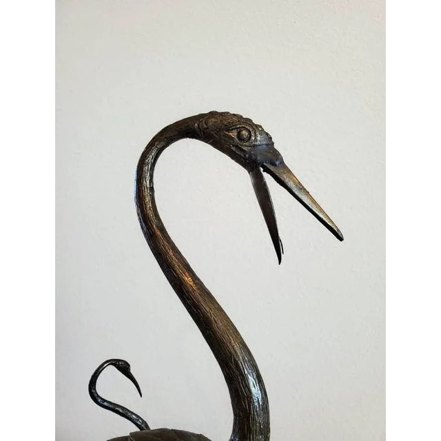 1940s French Mid-Century Japanesque Bronze Crane Bird Sculptures on Wrought Iron Pedestal - Zen Garden Statue For Sale - Image 10 of 11