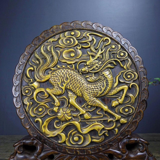 Sandalwood Gilt Carved Qilin Screen on Stand | Chinese Chinoiserie Table Sculpture For Sale - Image 9 of 9