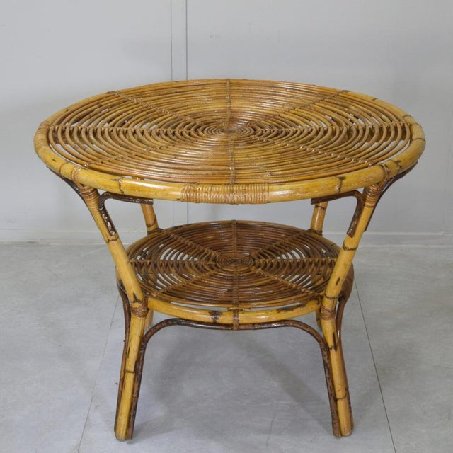 Wood Vintage Round Two-Tier Coffee Table in Bamboo and Rattan by Tito Agnoli, Italy, 1960s For Sale - Image 7 of 9