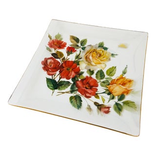 Vintage Hand Painted Floral Viking Glass Tray For Sale