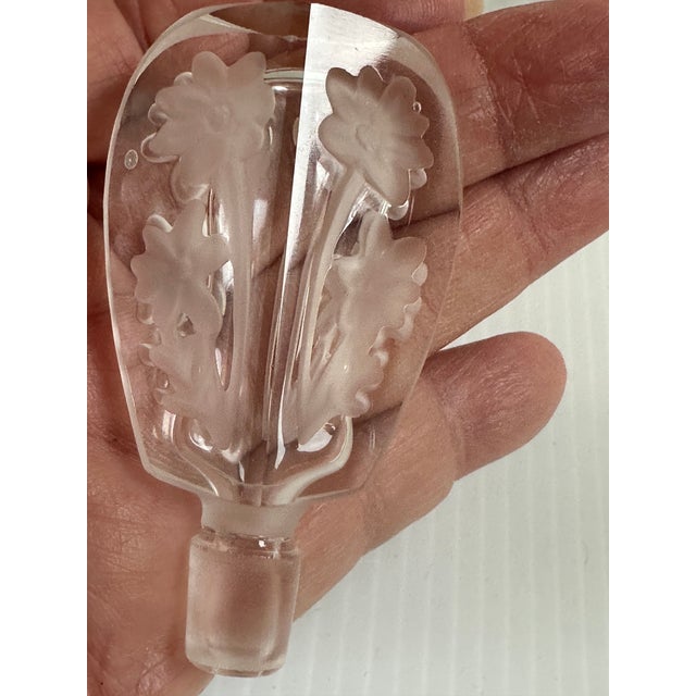 Glass Vintage Hand Cut Thick Crystal Etched Satin Floral Scene Elegant Perfume Bottle For Sale - Image 7 of 13