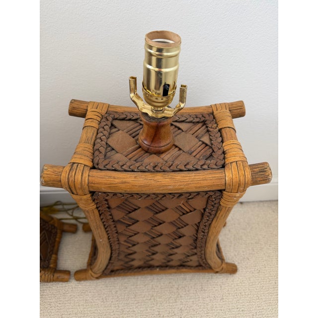 Brown Vintage Bamboo and Leather Strap Table Lamps - A Pair For Sale - Image 8 of 12