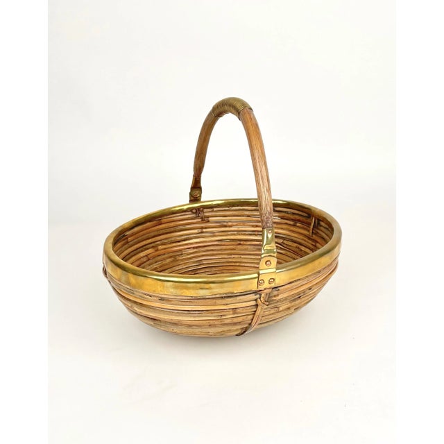 Wood Bamboo & Brass Basket Bowl, Italy, 1970s For Sale - Image 7 of 15