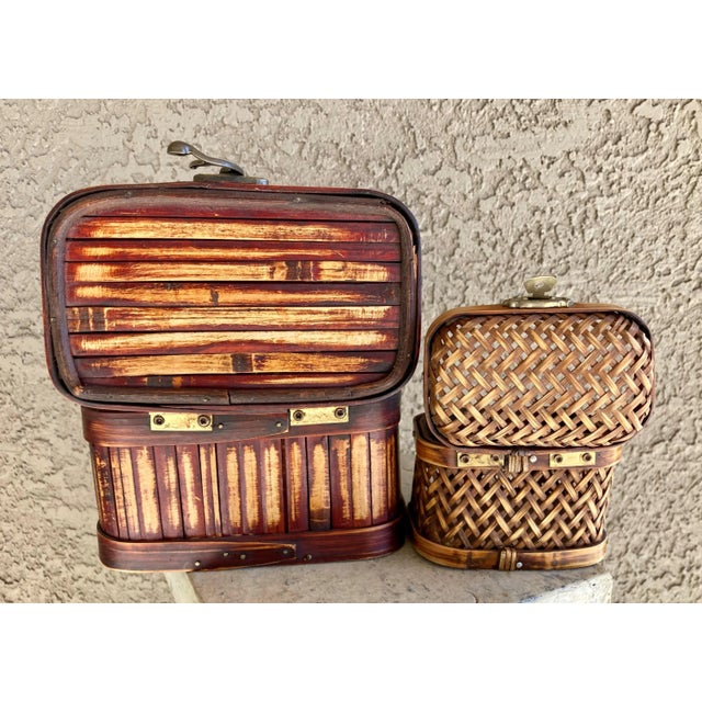 1970s Late 20th-Century Petite Handwoven Rattan & Bamboo Decorative Storage Boxes – A Pair For Sale - Image 5 of 13
