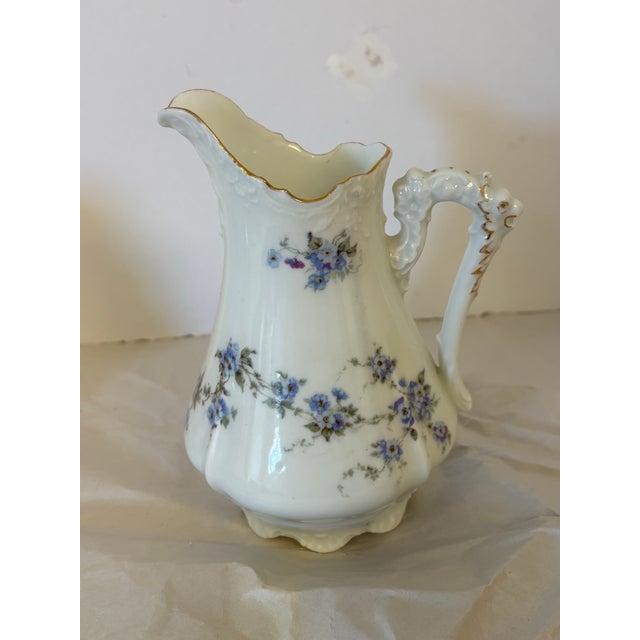Shabby Chic Vintage Silesia Porcelain Creamer With Dragon Handle & Forget-Me-Not Florals, Circa 1900 For Sale - Image 3 of 12