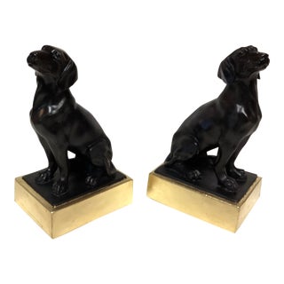 Vintage-Pair Black Labrador Retriever Dog Bookends With Gold Leaf Base For Sale