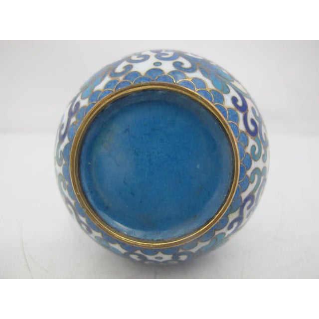 Chinese Turquoise & Cobalt Blue Cloisonne Enamel Flower Brass Small Vase For Sale - Image 9 of 9