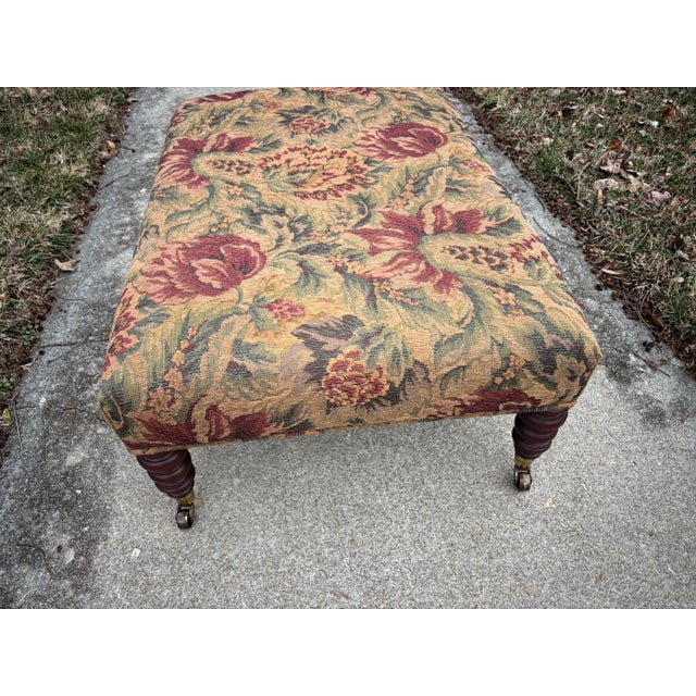 Hickory Chair Furniture Company 1990s Hickory Chair Turned Leg Tapestry Ottoman on Brass Casters For Sale - Image 4 of 12