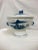 Pedestal rice bowl with blue Asian design and removable inner bowl. Unmarked. Measures 6" diameter x 6.5" h.