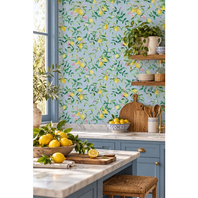 Mediterranean Limoncello Floral & Lemon Grasscloth Wallpaper by House Party | Mediterranean Blue | 6 Yards For Sale - Image 3 of 9