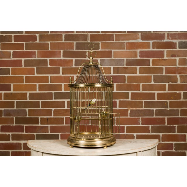 French Midcentury Brass Circular Birdcage with Decorative Bird For Sale In Atlanta - Image 6 of 11