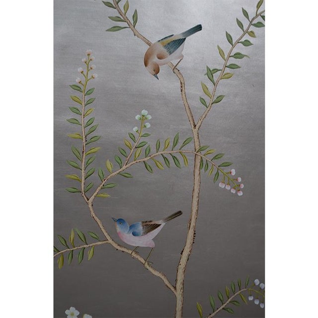 Silver Leaf Chinoiserie Hand-Painted Floral & Bird Wall Panels (Set of 6) For Sale - Image 6 of 6