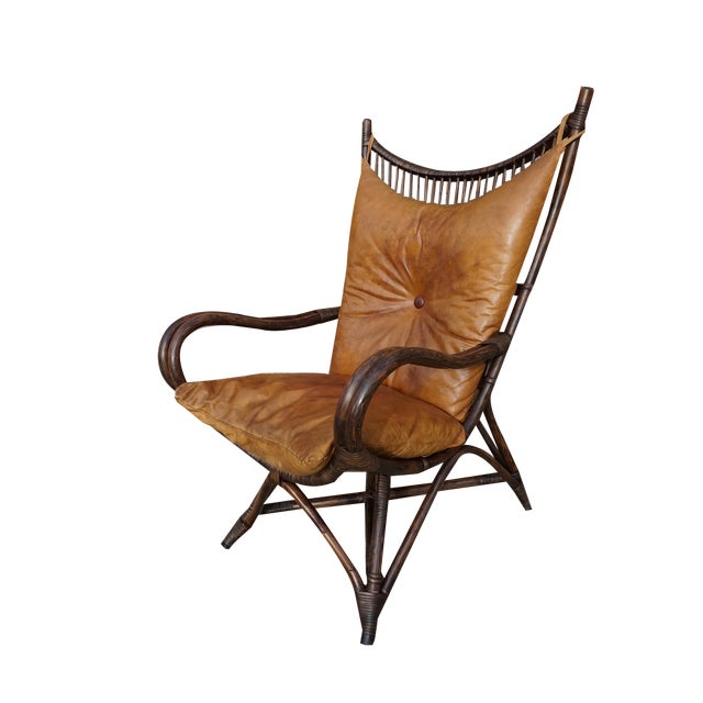 Bamboo and Leather Sculptural Fan Back Lounge Chair, 1960s For Sale
