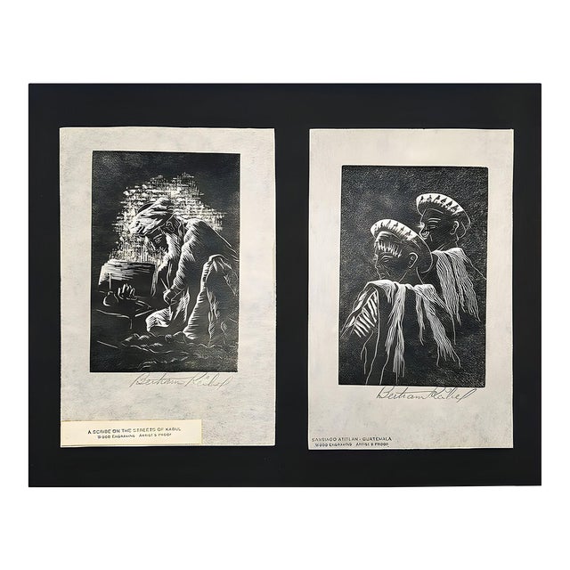 Pair of Wood Block Prints " Santiago Atitlan" & " a Scribe on the Streets of Kabul" by Bertram Reibel For Sale